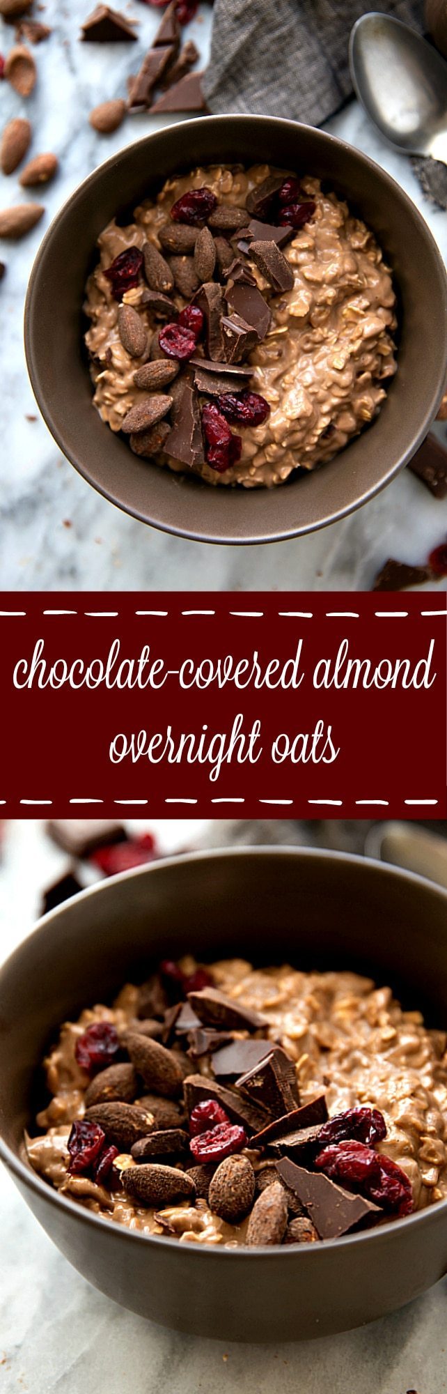 Overnight oatmeal flavored to taste like chocolate-covered almonds. Add in some dried cranberries and enjoy a delicious, quick, & easy seasonal breakfast!