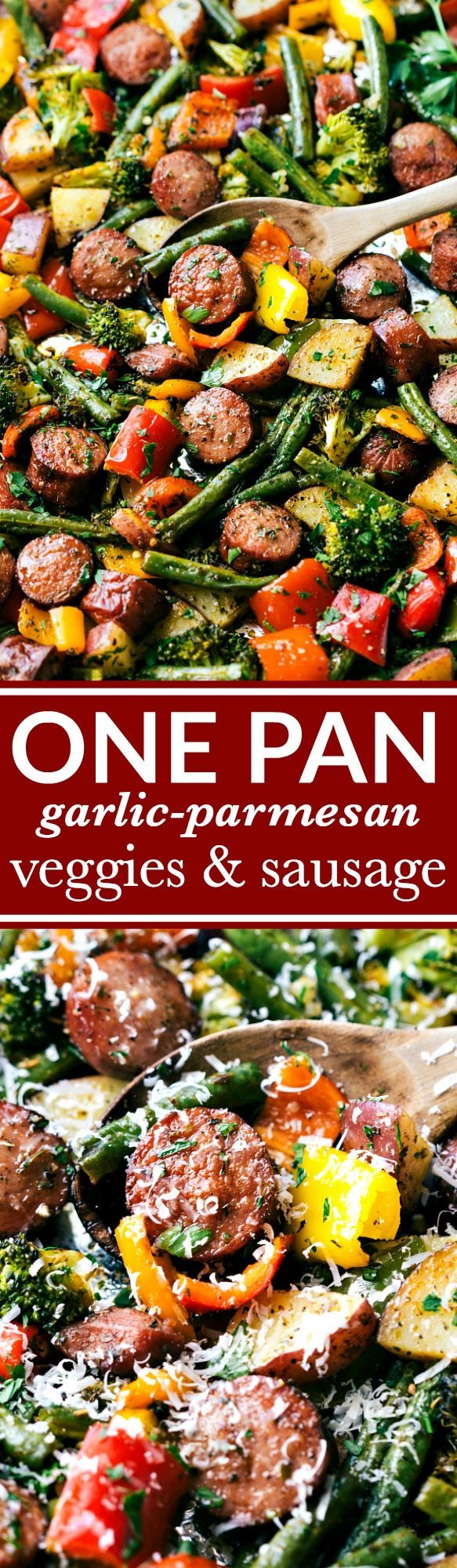 Healthy garlic parmesan roasted veggies with sausage and herbs all made and cooked on one pan. 10 minutes prep, easy clean-up! GREAT MEAL PREP IDEA. Recipe via chelseasmessyapron.com