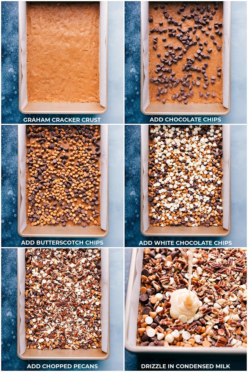 Process shots: adding the ingredients to the pan of 7 Layer Bars