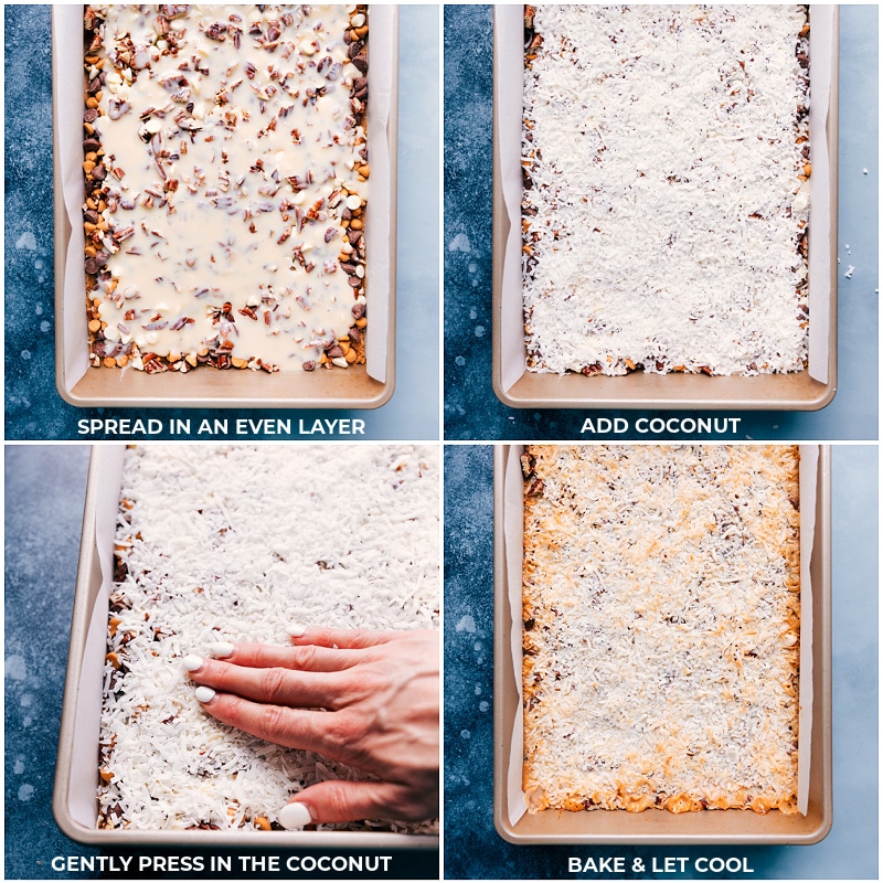 Process shots: the final steps in making 7 Layer Bars-- adding the coconut and baking it