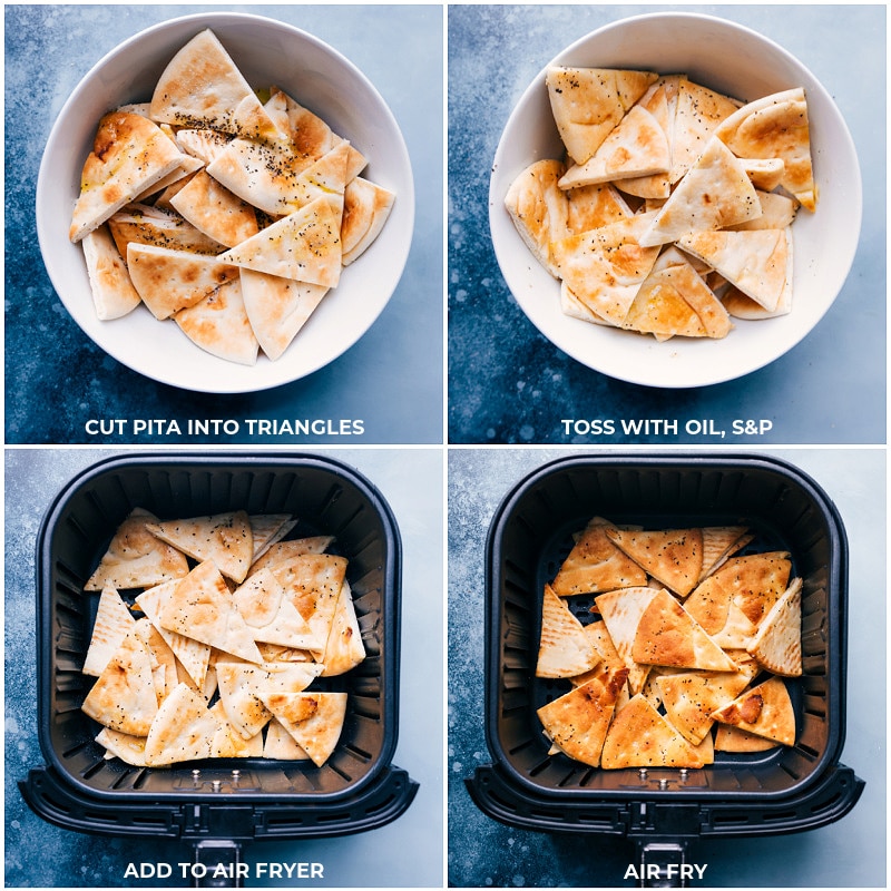 Process shots: preparing the pita bread triangles