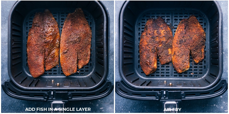 Process shots of Air Fryer Tilapia-- images of the tilapia being added to the air fryer and being cooked