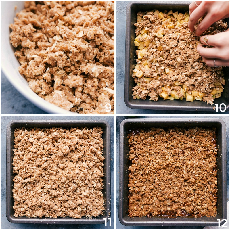 Process shot-- image of crumble topping being added on the filling and baked.