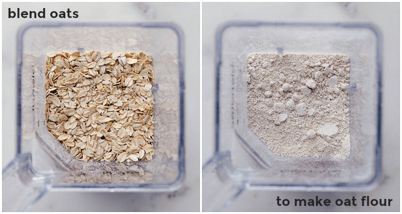 Image showing how oat flour is made: place oats in the blender; process until oats are pulverized into flour.
