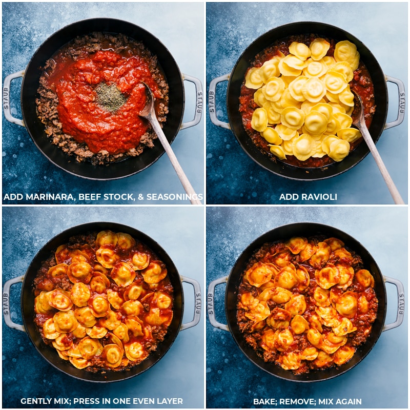 Process shots-- images of the marinara, beef stock, seasonings, and ravioli being added in, mixed together, and baked