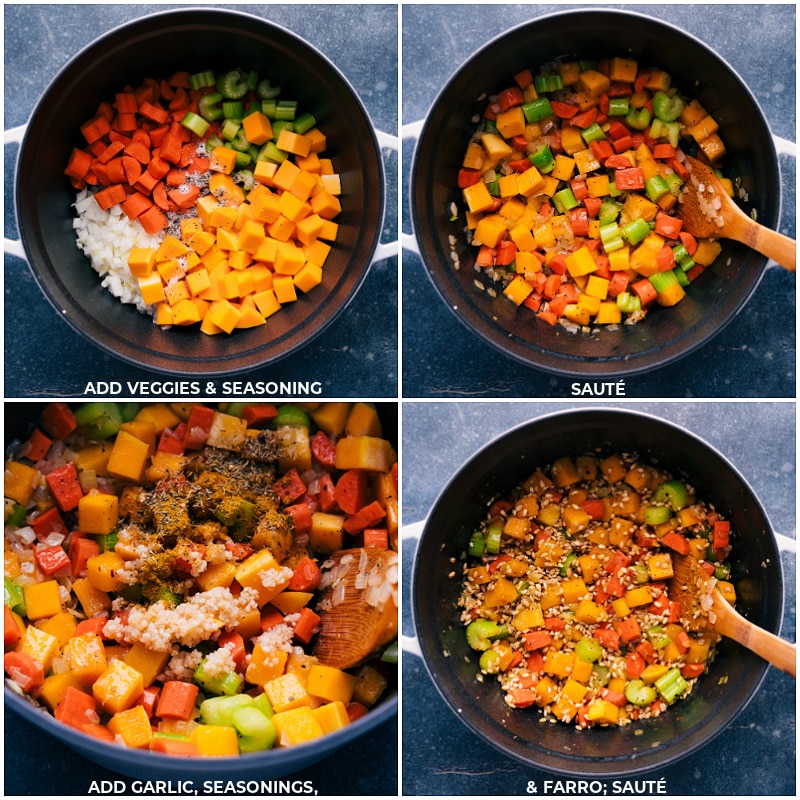 Process shots-- images of all the veggies, seasonings, and barley being sautéed in a pot
