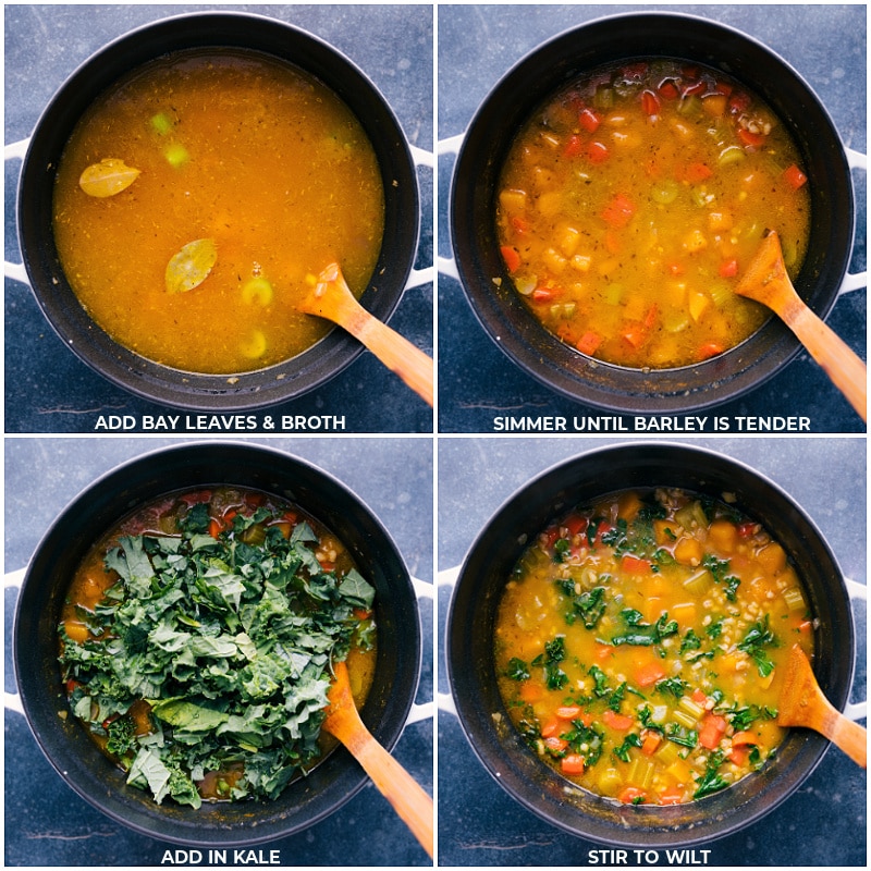 Process shots of Barley Soup-- images of the bay leaves, broth, and kale being added to the pot