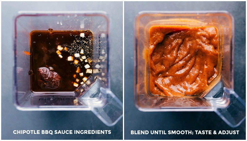Process shot-- image of the chipotle bbq sauce ingredients being assembled in a blender; blending ingredients together to create the sauce.