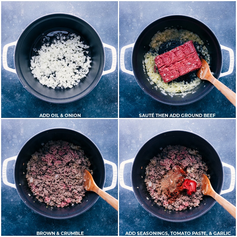 Process shots-- images of the oil, onion, ground beef, seasonings, tomato paste, and garlic all being sautéed in a pot