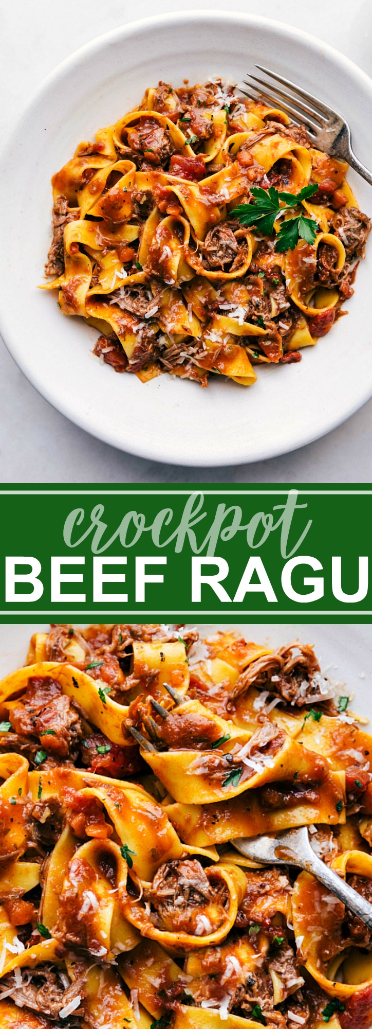 Beef ragu made in the crockpot (slow cooker) and served over pappardelle pasta. Delicious Italian-inspired cold weather comfort food. via chelseasmessyapron.com #crockpot #meal #recipe #easy #beef #ragu #red #meat #slow #cooker #pappardelle #pasta