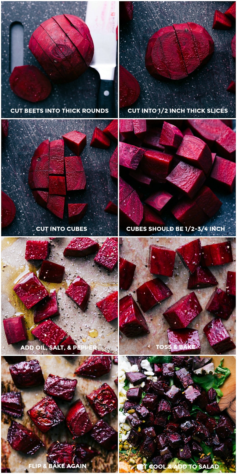 Process shots-- images of the beets in various stages of being cut up and roasted.