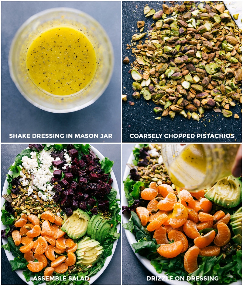 Process shots-- images of the dressing in a jar; the chopped pistachios; and the salad being assembled.