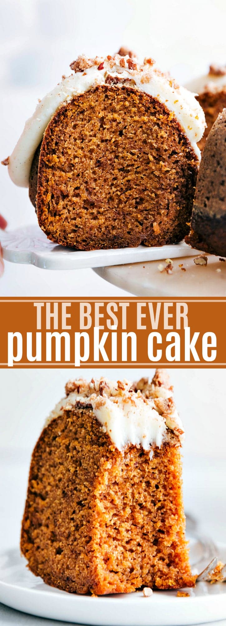 The BEST ever moist and perfectly spiced pumpkin cake with a luscious cream cheese frosting via chelseasmessyapron.com #bundt #cake #pumpkin #cream #cheese #frosting #best #ever #dessert #fall #thanksgiving #bestever #pecan #nut #easy #failproof #tested #healthy #healthier #tried #true