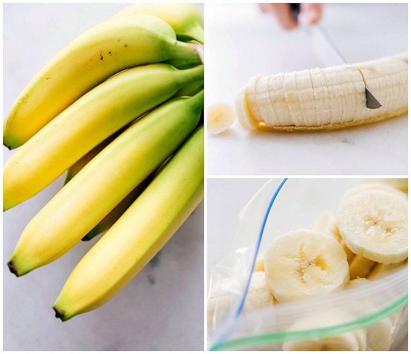 Process shot of making Strawberry Banana Smoothies -- cutting and freezing bananas.