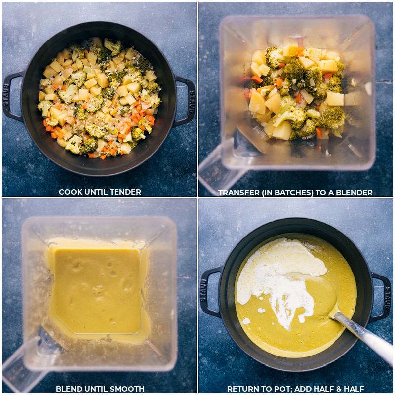 Process shots of broccoli soup-- images of all the veggies being cooked until tender and then added into the blender and being blended together