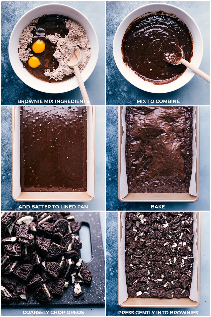 Process shots-- images of the brownies being baked and the Oreos being chopped and added on top of the brownies.
