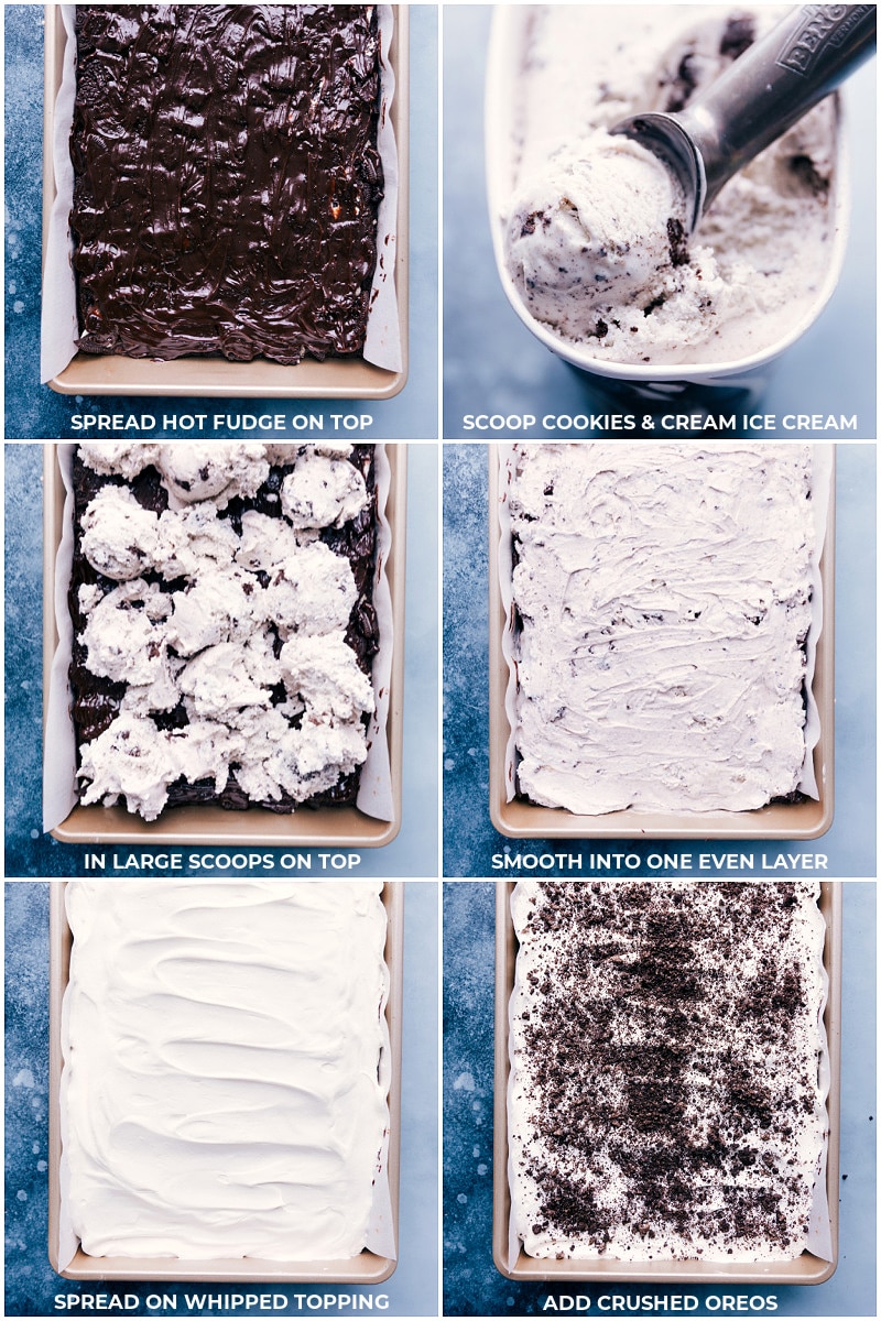 Process shots-- images of the hot fudge being added on the top, ice cream being spread over that, whipped cream going on top of that, and Oreo crumbs being sprinkled on top.