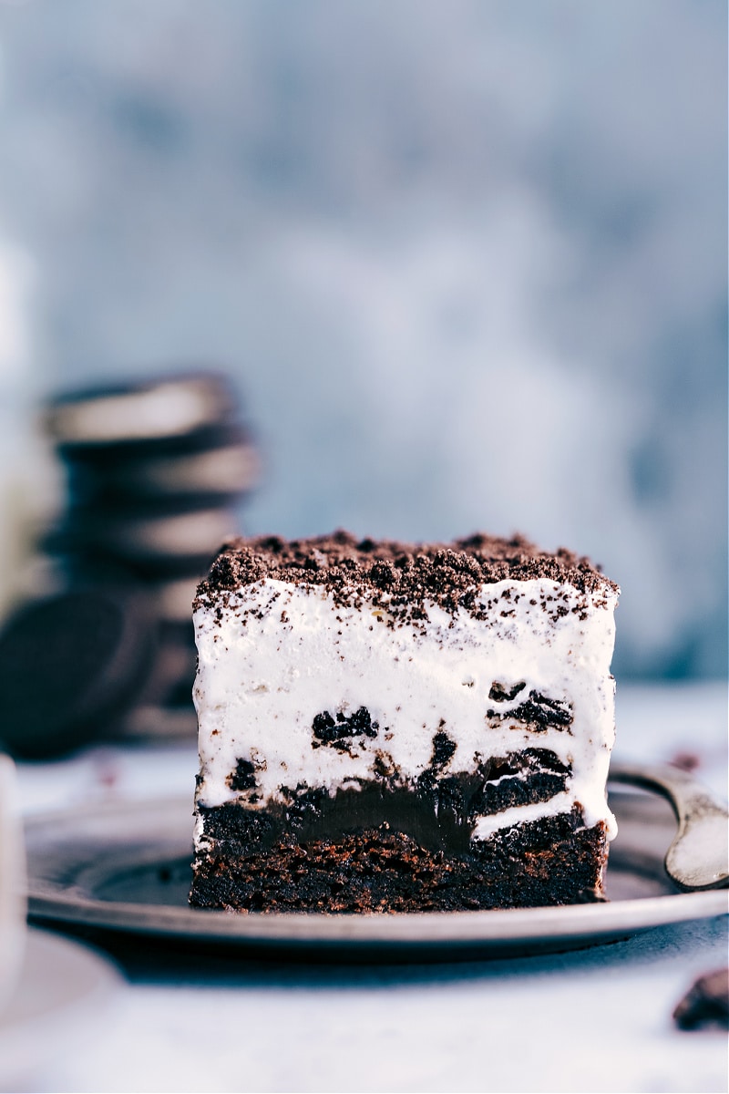 Image of a piece of Brownie Oreo Ice Cream Cake on a plate