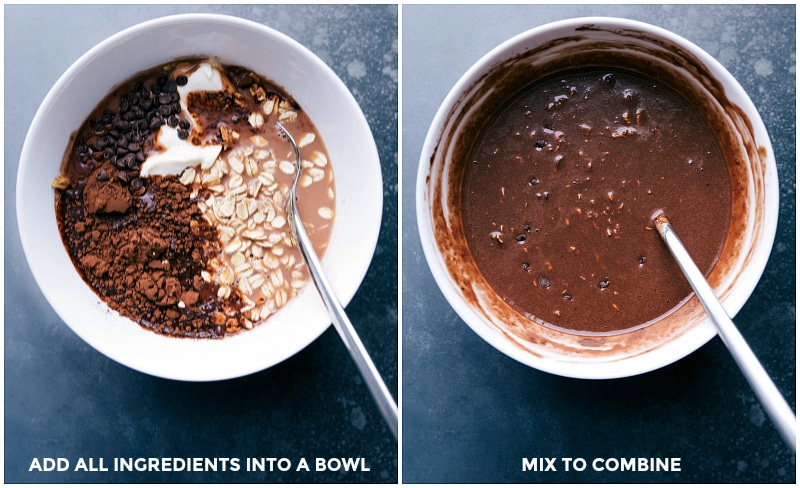 Process shots-- images of all the Brownie Batter Overnight Oats ingredients in a bowl; and then the ingredients being combined.
