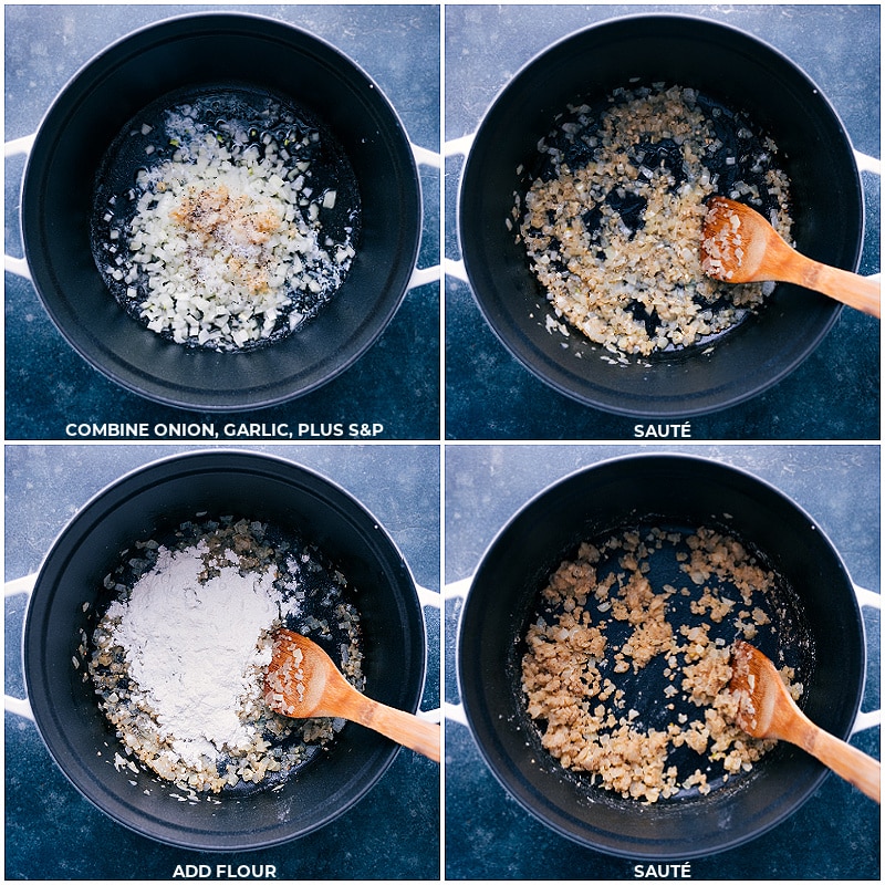 Process shots to make Cauliflower Soup: Combine onion, garlic, salt and pepper; sautee. Add flour and sautee again.
