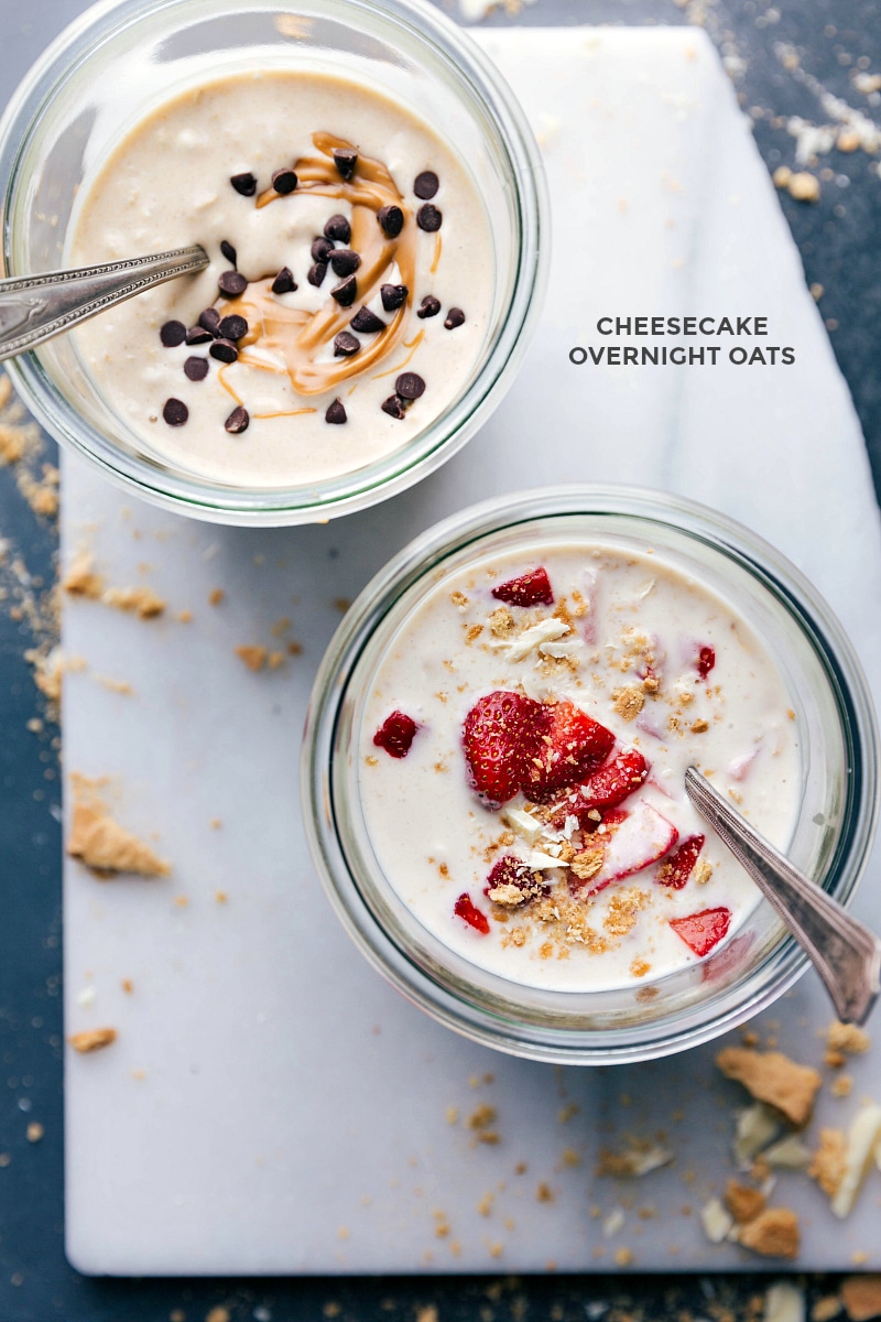 Overhead image of Cheesecake Overnight Oats: peanut butter and strawberry.