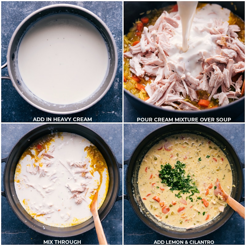 Process shots of Chicken Curry Rice Soup-- images of the cream sauce being added to the pot