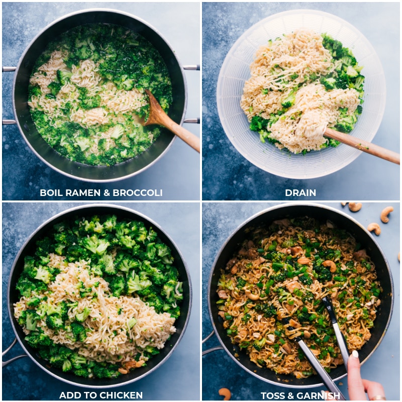 Process shots: adding broccoli and ramen to the dish.