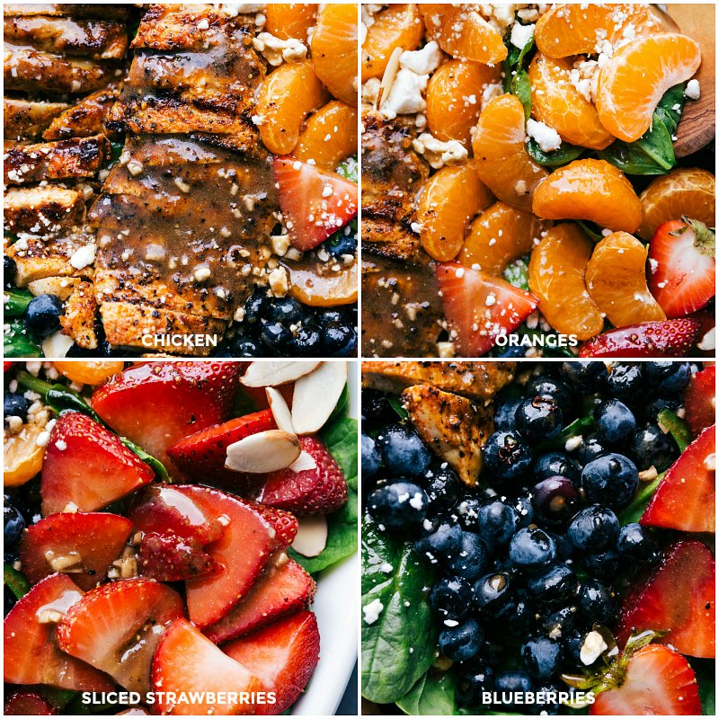 Views of the finished salad with individual closeups of the chicken, oranges, strawberries and blueberries.