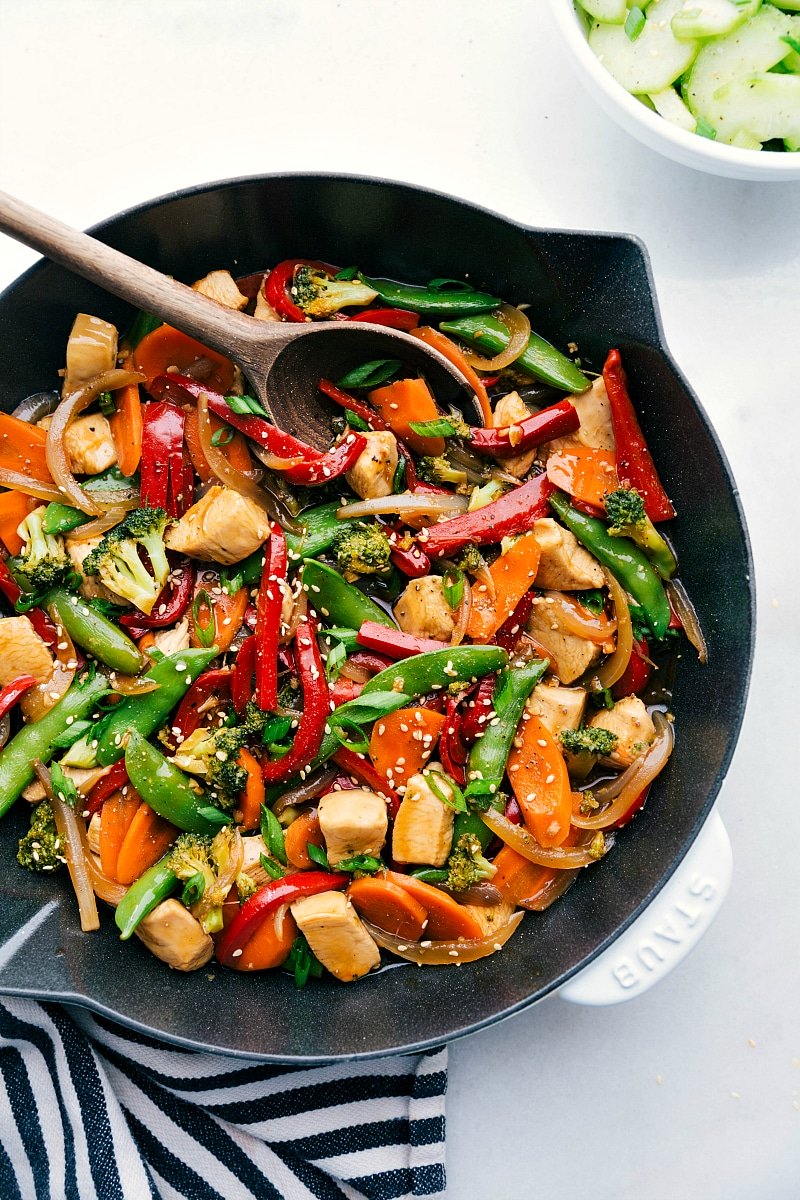 Image of the Chicken Stir Fry, all cooked and in the skillet, ready to be served.