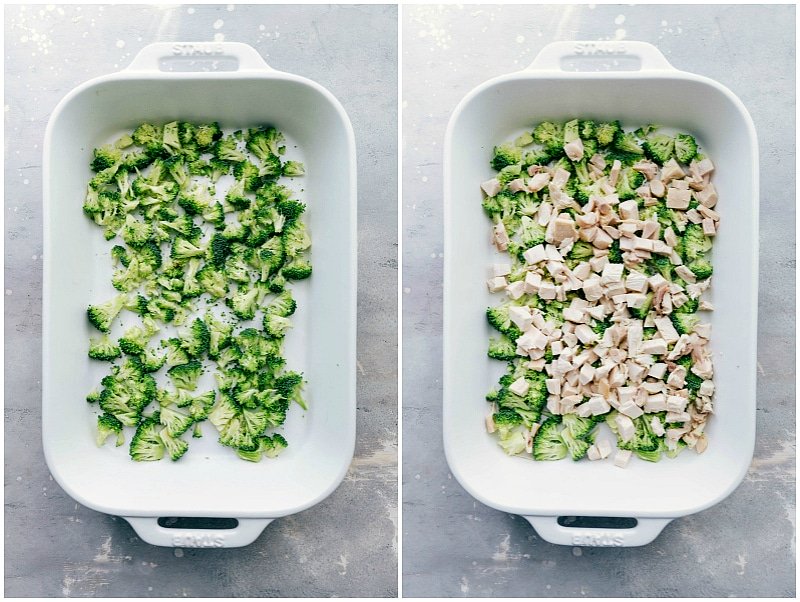 Process shot-- image of the broccoli and chicken being added to the casserole dish for Chicken Tortellini.