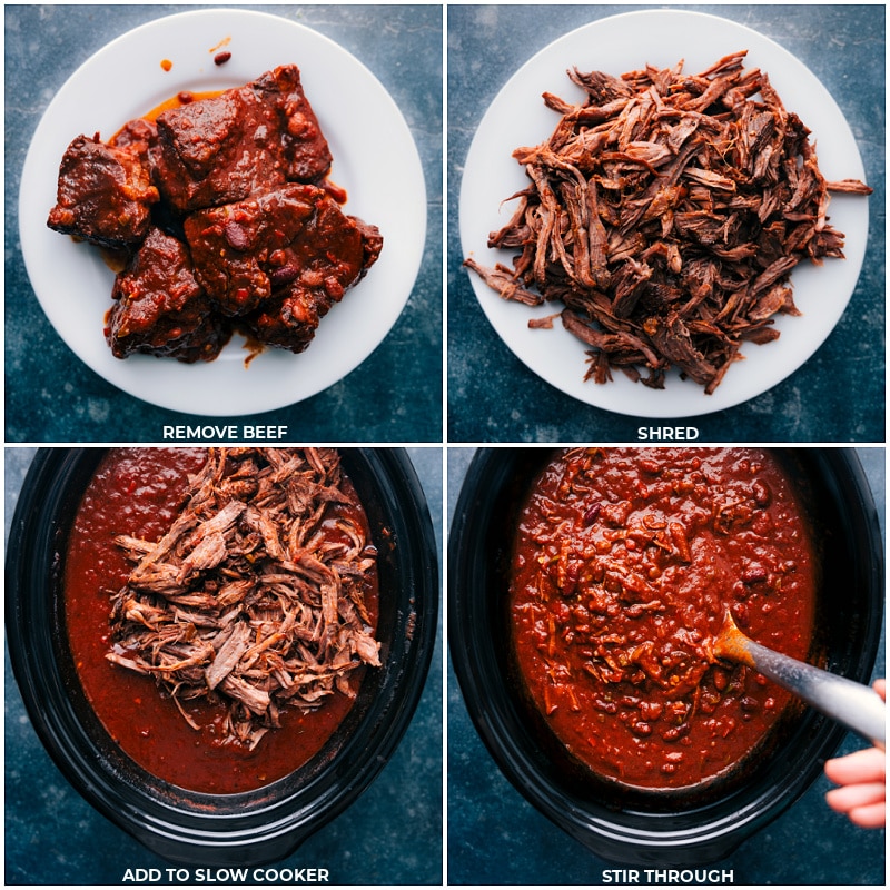 Process shots of chili con carne-- images of the beef being shredded and added back to slow cooker