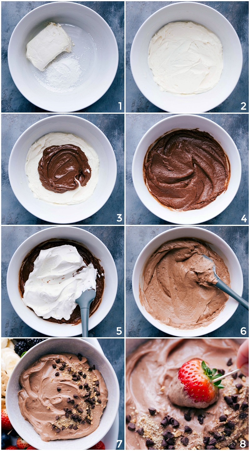 Process shots-- images of the dip being made, mixing together the cream cheese, adding the Nutella and then the whipped cream.