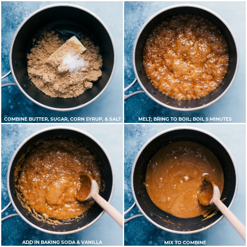 Process shots-- images of the butter, sugar, corn syrup, baking soda, and vanilla being added to a pot