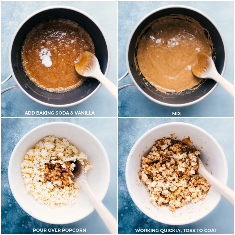 Process shots-- images of the baking soda and vanilla being added to a pot and then it all being poured over the popcorn