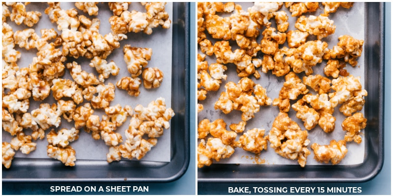 Process shots of Caramel Corn-- images of the popcorn being baked and tossed every 15 minutes