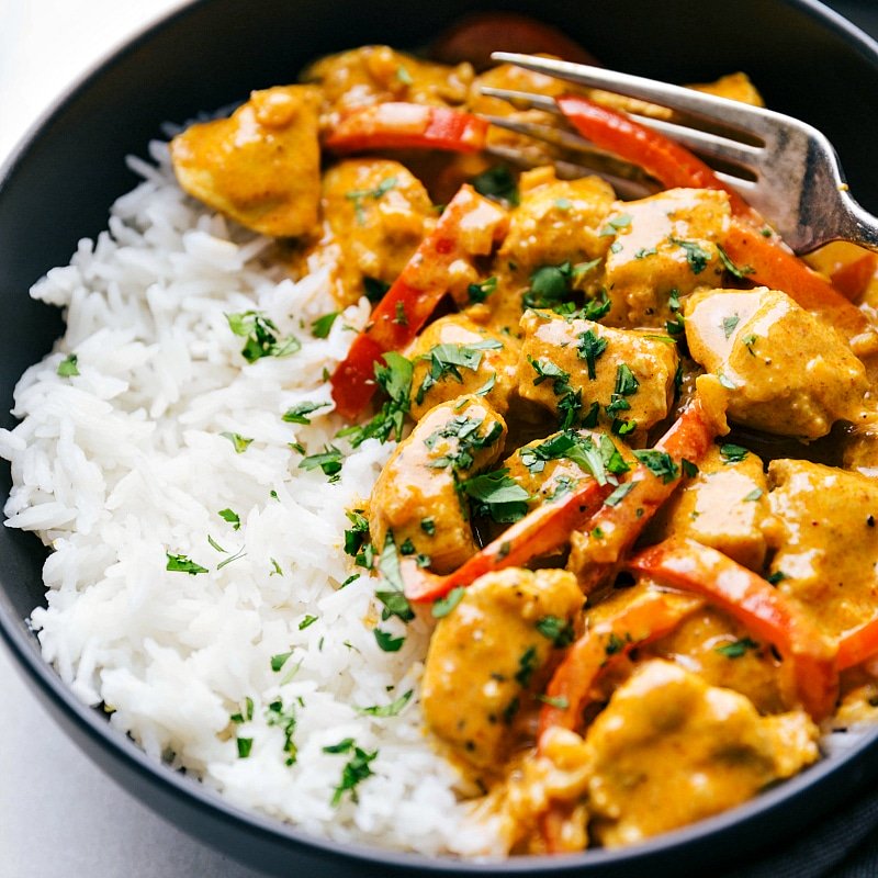 Up-close image of Coconut Curry Chicken with rice.