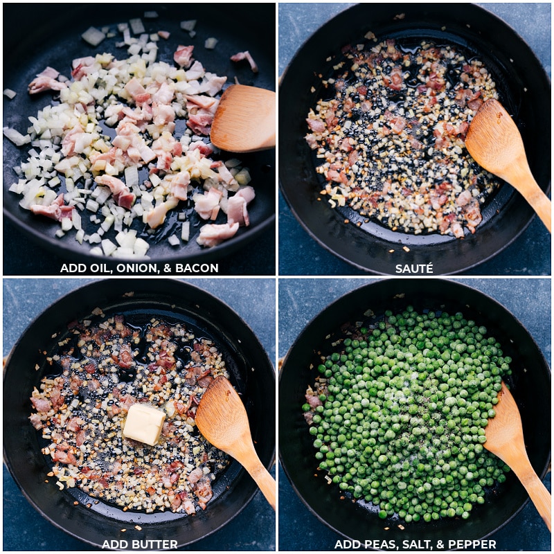 Process shots-- images of the oil, onion, bacon, butter, peas, salt, and pepper being added to the pan