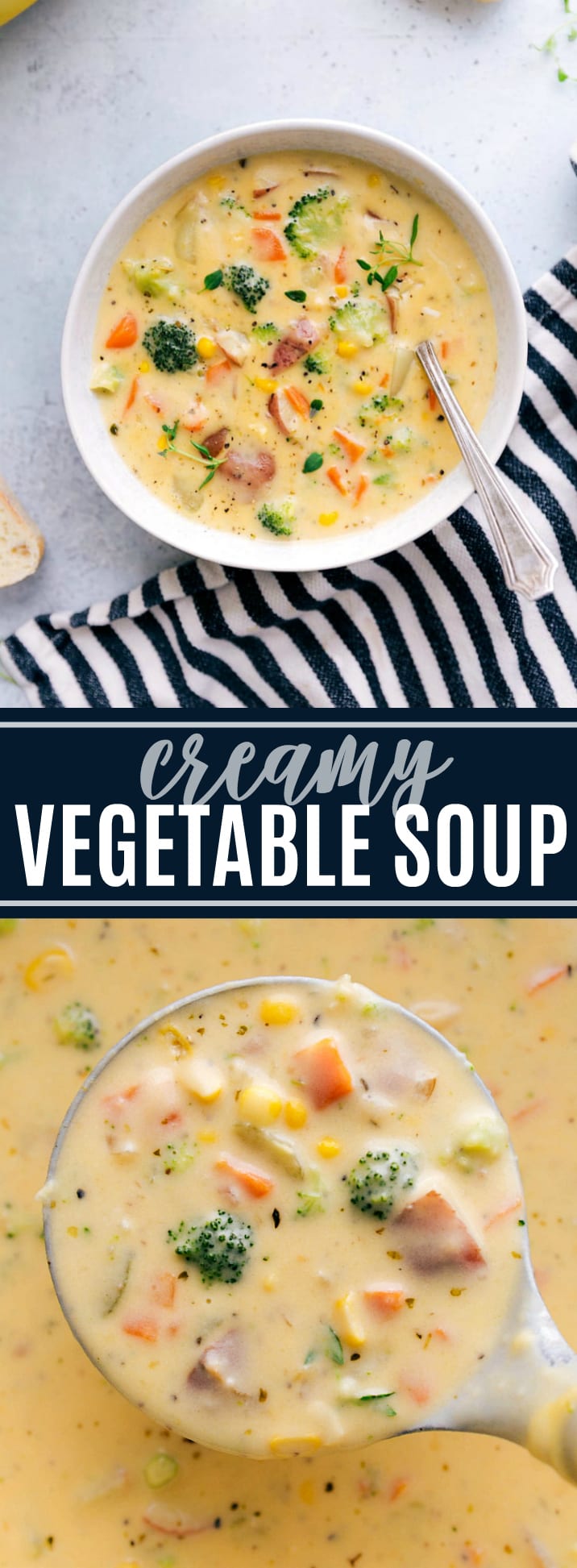 A delicious and easy-to-make creamy vegetable soup packed with veggies and healthy ingredients. via chelseasmessyapron.com #stovetop #easy #creamy #vegetable #soup #quick #simple #cheese #broccoli #corn #recipe #kidfriendly #dinner #meal