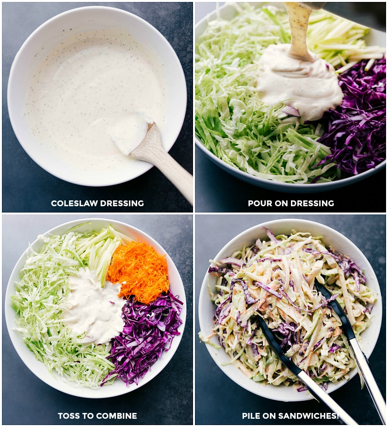Process shots-- images of the coleslaw dressing being made and poured over the shredded veggies.