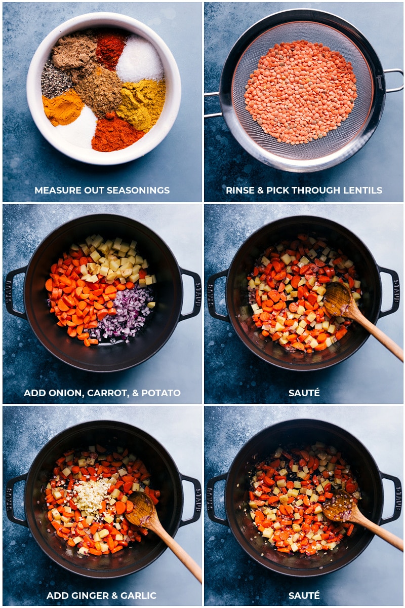 Process shots of the lentils being added to the sautéed veggies and everything being sautéed