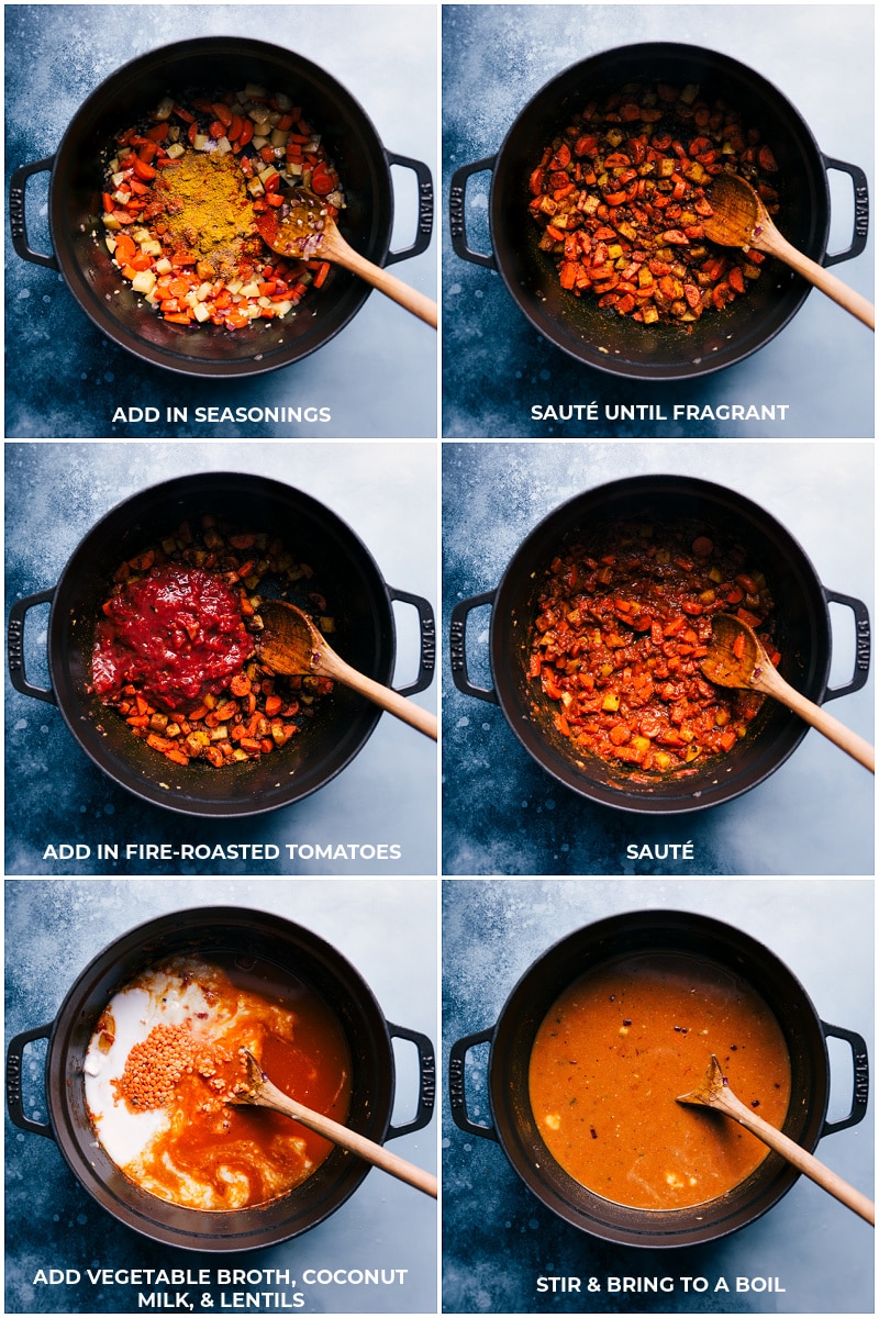 Process shots-- images of the seasonings, tomatoes, broth, coconut milk, & lentils being added