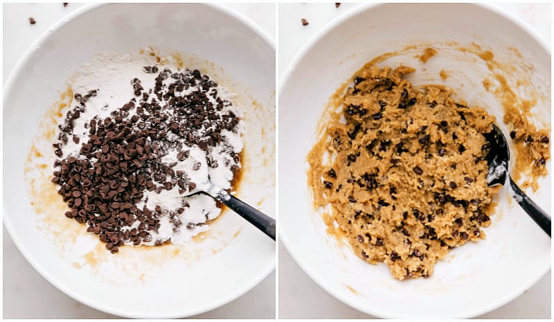 Process shots of adding toasted flour and chocolate chips into the dough and mixing together.