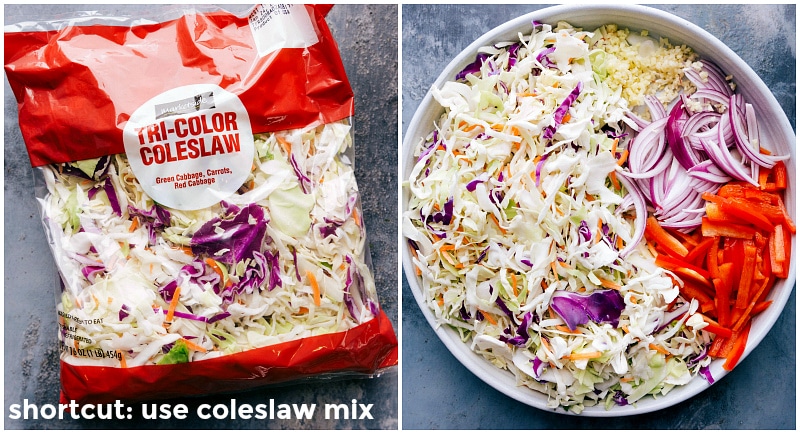 Image of the coleslaw mix and other veggies for this recipe