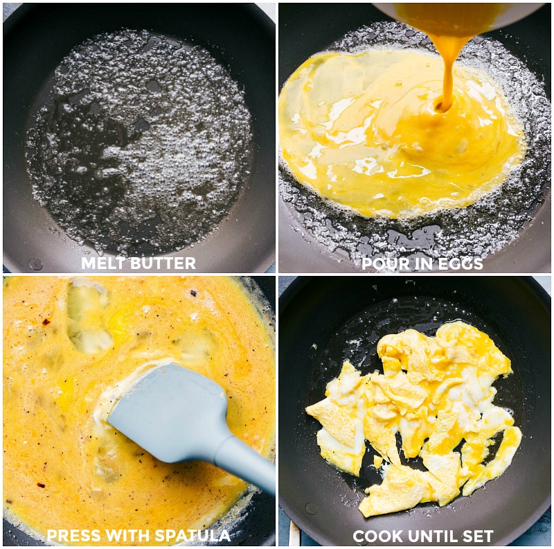 Process shots of the eggs being cooked in a skillet with butter.