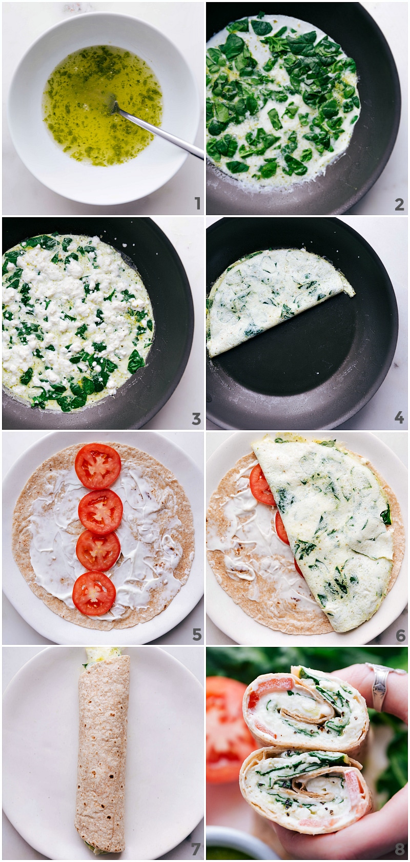 Process shots-- images of the egg whites being mixed with the pesto, then showing the spinach being mixed in, then everything being added to a tortilla and rolled up.