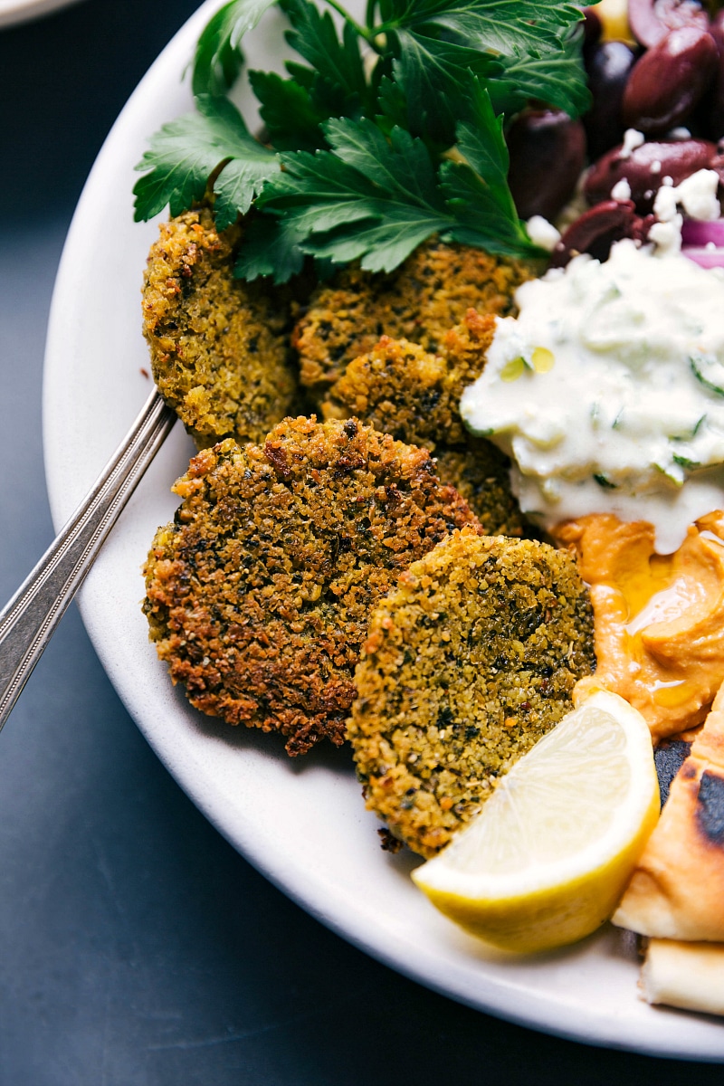 Up-close image of Baked Falafel in a bowl, ready to be eaten.