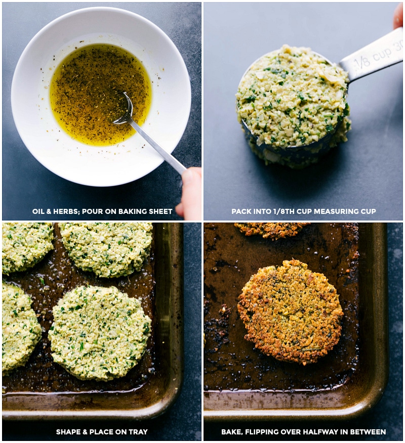 Process shots-- images of the herbed oil you dip the falafel in before baking; falafel mixture packed into a measuring cup for consistent sizing; falafel being placed on a tray and baked.
