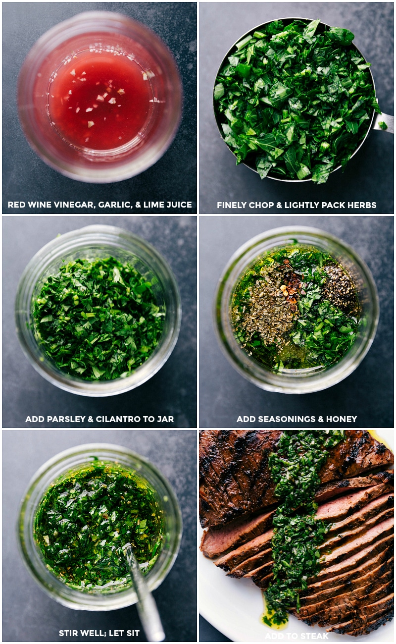 Process shots: Make chimichurri sauce by first combining red wine vinegar, garlic and lime juice; finely chop and lightly pack parsley and cilantro and add to vinegar; add seasonings and honey; stir well and let sit; serve over steak.