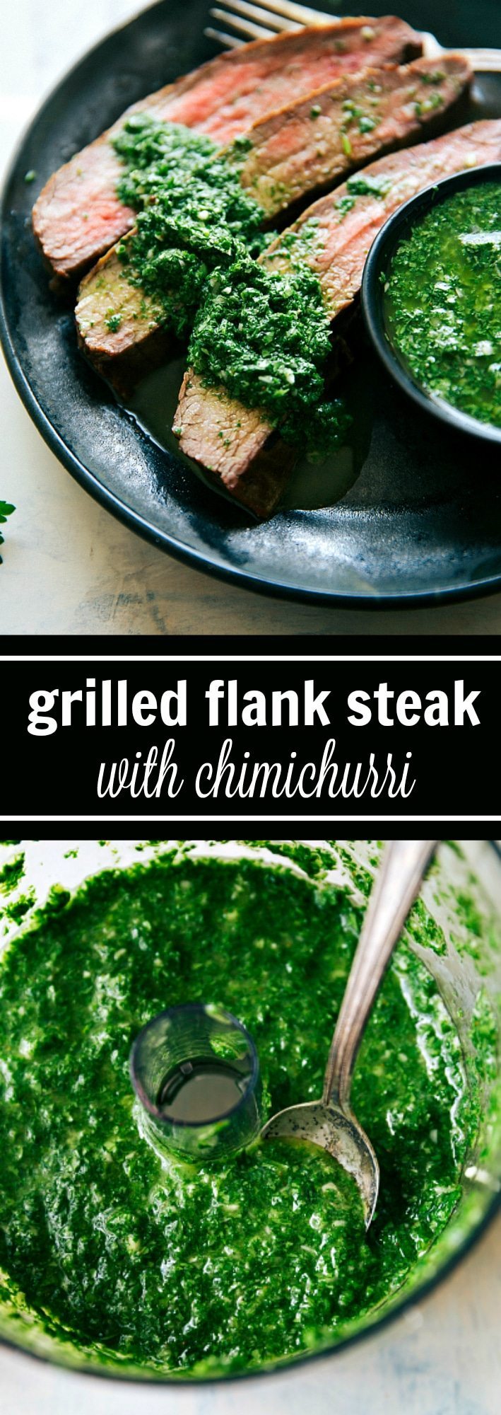 Easy grilled flank steak with a delicious marinade and an easy cilantro-parsley chimichurri. This grilled flank steak recipe includes a simple marinade, easy rub, and a delicious chimichurri sauce. Recipe from: chelseasmessyapron.com