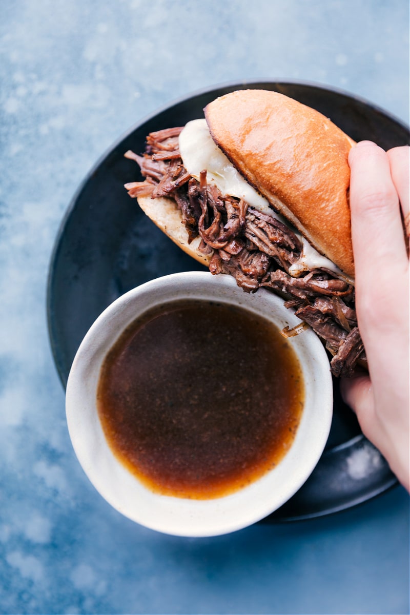 Overhead image of the French Dip Sandwich with the au jus sauce
